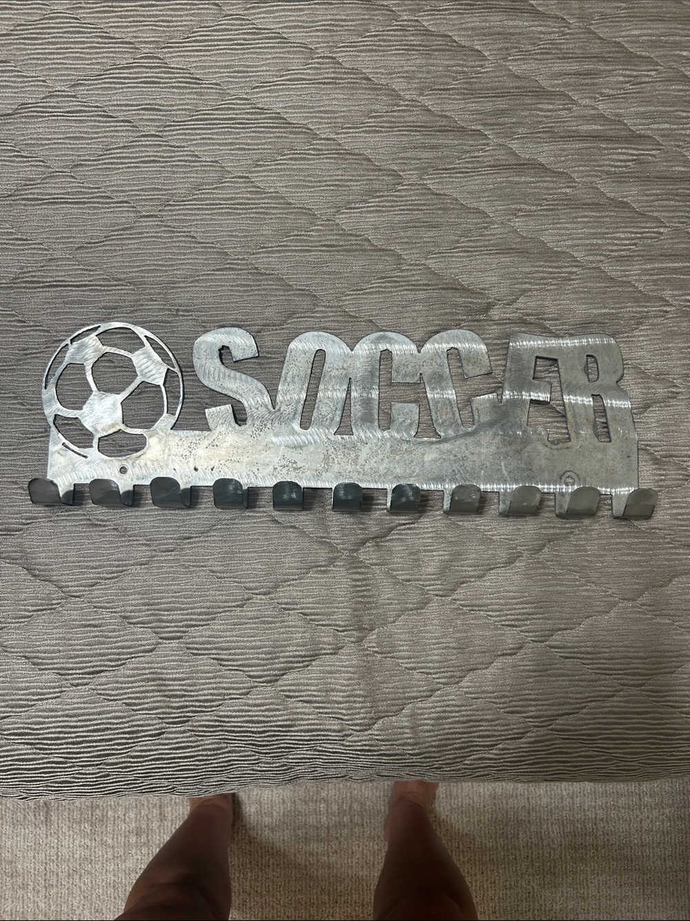 Metal Silver 'SOCCER' Wall Hook Rack with Soccer Ball Accent